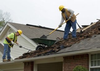 Roof contractors in Huntsville AL cleaning debris impact and repairing damaged shingles