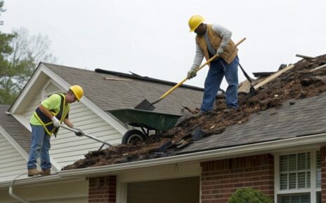 Roof contractors in Huntsville AL cleaning debris impact and repairing damaged shingles