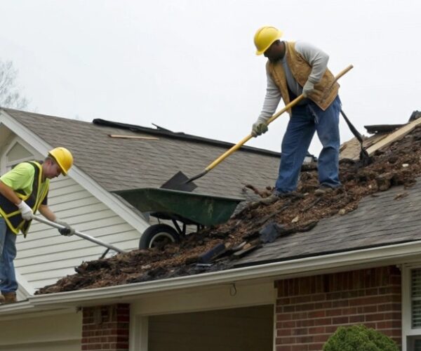 Roof contractors in Huntsville AL cleaning debris impact and repairing damaged shingles