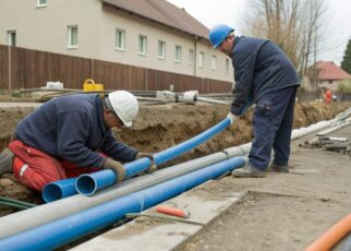 A licensed plumber replaces an old metal pipe with a modern PVC pipe in a residential basement. Various plumbing tools and fittings are laid out nearby, showing the pipe replacement process performed by local plumbing contractors