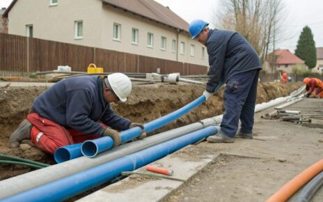 A licensed plumber replaces an old metal pipe with a modern PVC pipe in a residential basement. Various plumbing tools and fittings are laid out nearby, showing the pipe replacement process performed by local plumbing contractors