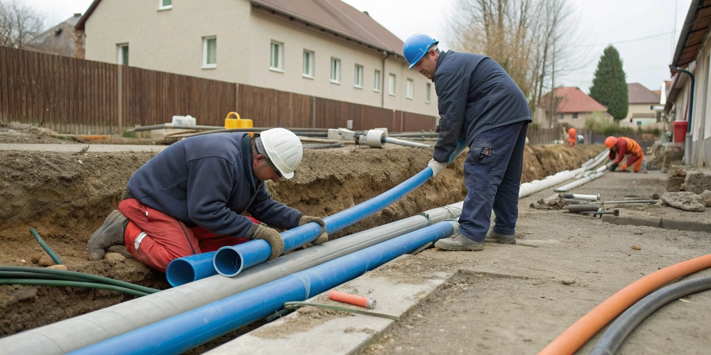 A licensed plumber replaces an old metal pipe with a modern PVC pipe in a residential basement. Various plumbing tools and fittings are laid out nearby, showing the pipe replacement process performed by local plumbing contractors