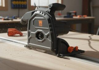 WEN 7.25-inch track saw in action cutting through plywood on a guide track for precise straight cuts