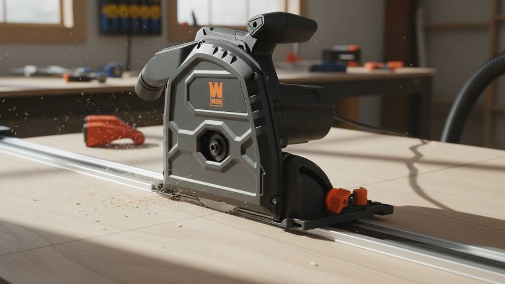 WEN 7.25-inch track saw in action cutting through plywood on a guide track for precise straight cuts