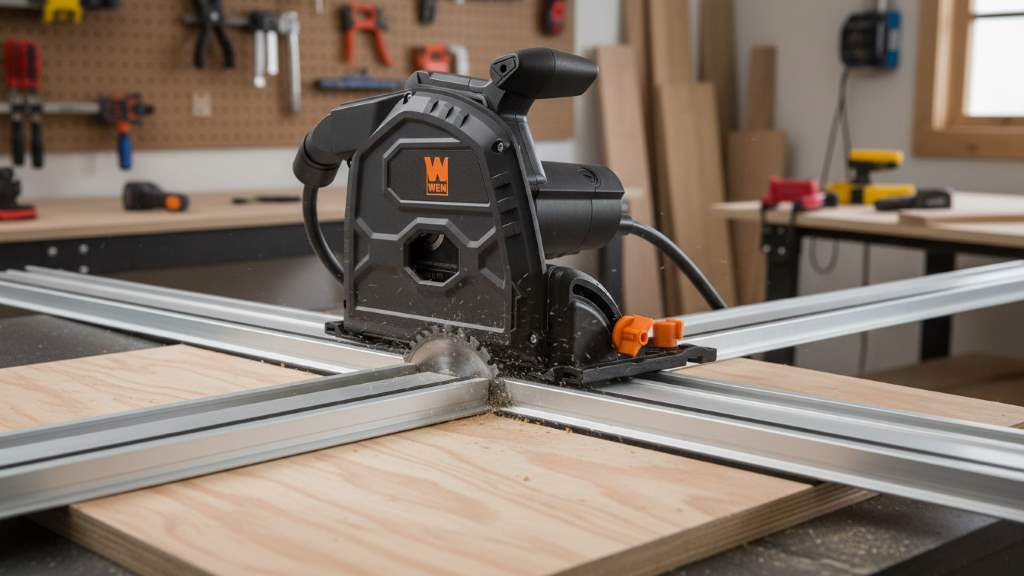 WEN track saw blade engaged with the aluminum guide track during a woodworking project