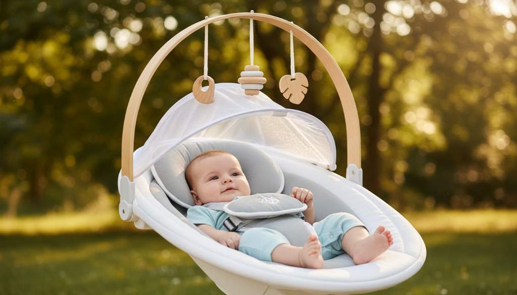 Baby enjoying nature sounds on Jool Baby Nova Nature swing under protective canopy