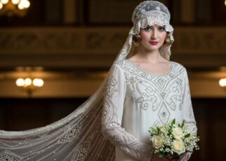 Vintage 1920s drop waist wedding dress with beaded embellishments and art deco details on bride