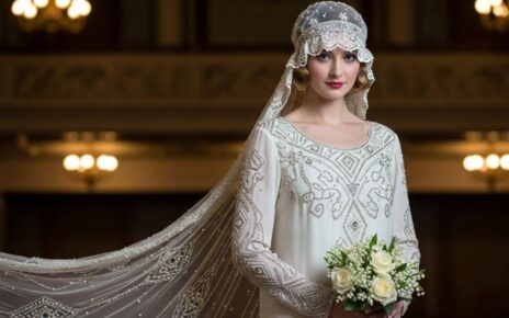 Vintage 1920s drop waist wedding dress with beaded embellishments and art deco details on bride
