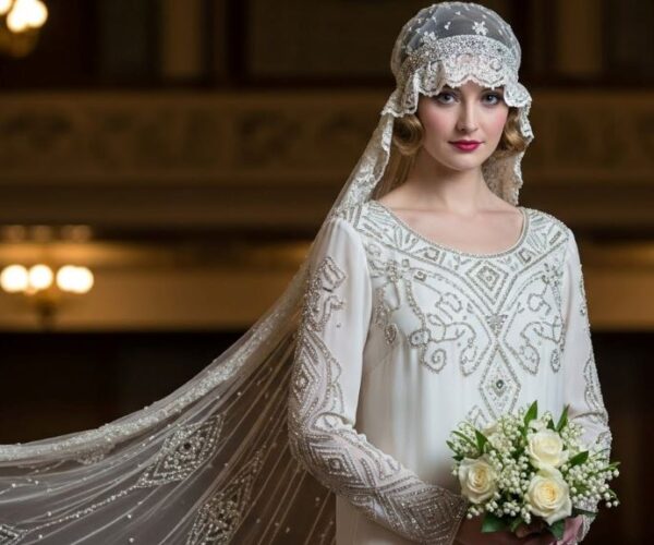 Vintage 1920s drop waist wedding dress with beaded embellishments and art deco details on bride