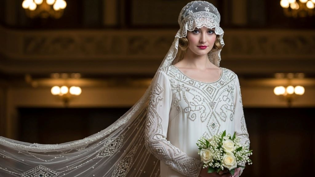 Vintage 1920s drop waist wedding dress with beaded embellishments and art deco details on bride