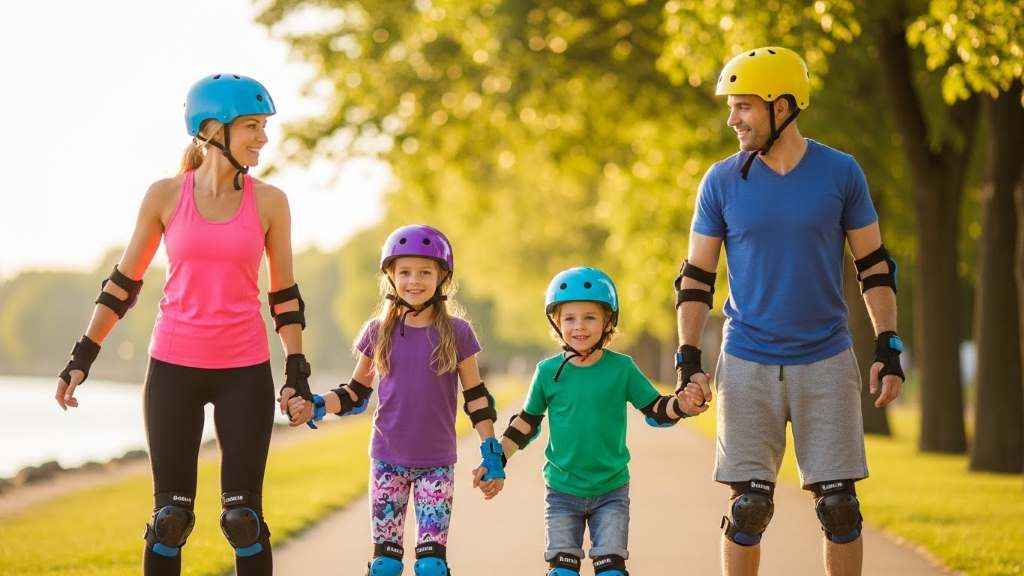 Family group of skaters with kids and adults fitted in adjustable Bavilk helmets for outdoor sports