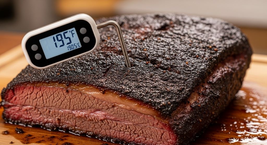 Digital meat thermometer checking internal temperature of slow-cooked beef brisket for doneness