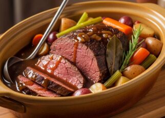 Tender slow-cooked beef chuck roast in a ceramic slow cooker with vegetables and rich brown gravy