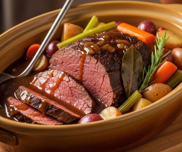 Tender slow-cooked beef chuck roast in a ceramic slow cooker with vegetables and rich brown gravy