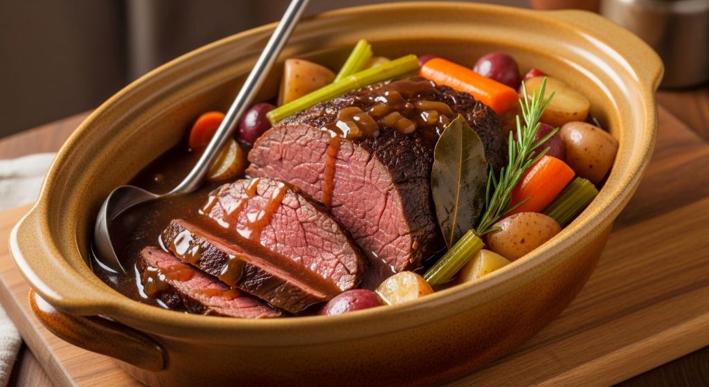 Tender slow-cooked beef chuck roast in a ceramic slow cooker with vegetables and rich brown gravy