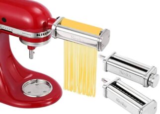 Nevku roller and cutter pasta attachments connected to a KitchenAid stand mixer.