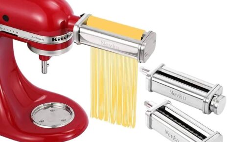 Nevku roller and cutter pasta attachments connected to a KitchenAid stand mixer.