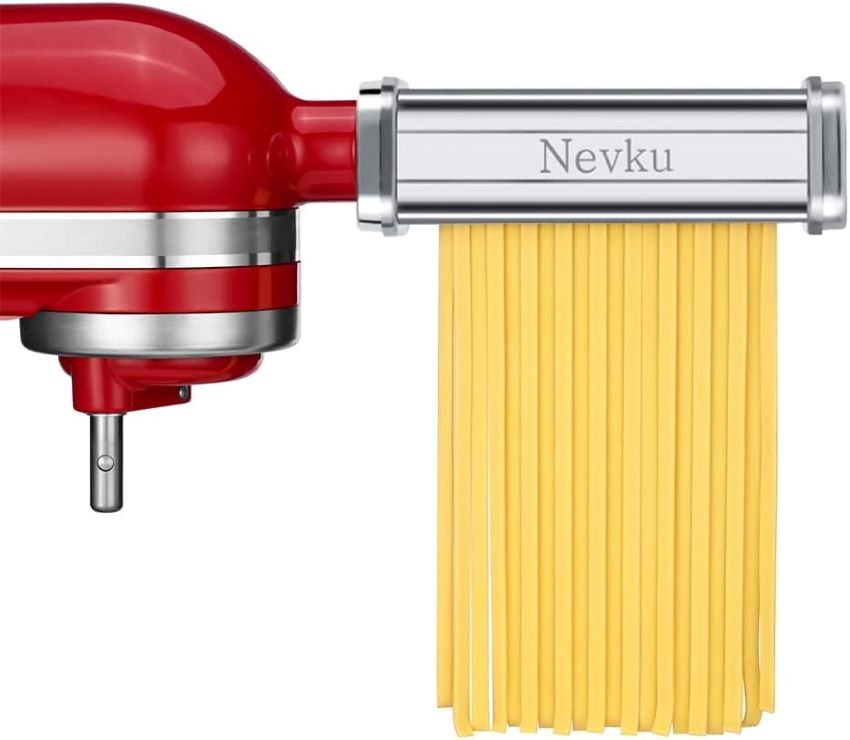 Close-up of Nevku KitchenAid pasta attachments showing rollers and cutters for pasta.