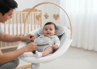 Parent buckling baby into Jool Baby Nova Nature swing with five-point harness for safety demonstration