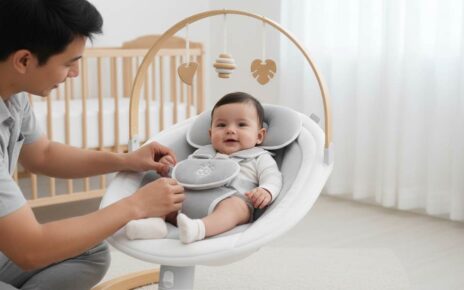 Parent buckling baby into Jool Baby Nova Nature swing with five-point harness for safety demonstration