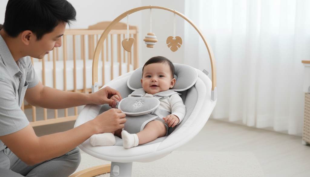 Parent buckling baby into Jool Baby Nova Nature swing with five-point harness for safety demonstration