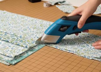 Person using electric sewing scissors to cut layered fabric smoothly on a table