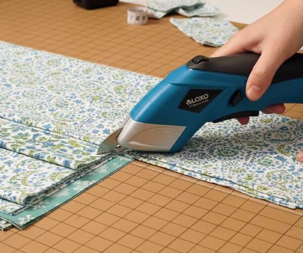 Person using electric sewing scissors to cut layered fabric smoothly on a table