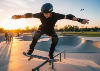 Skater wearing Bavilk multi-sport helmet performing a trick at a skatepark with full protection gear