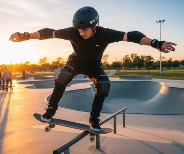 Skater wearing Bavilk multi-sport helmet performing a trick at a skatepark with full protection gear