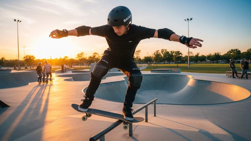 Skater wearing Bavilk multi-sport helmet performing a trick at a skatepark with full protection gear