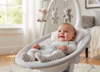 Smiling infant relaxing in portable baby swing with gentle motion features