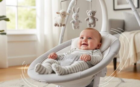 Smiling infant relaxing in portable baby swing with gentle motion features