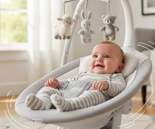 Smiling infant relaxing in portable baby swing with gentle motion features