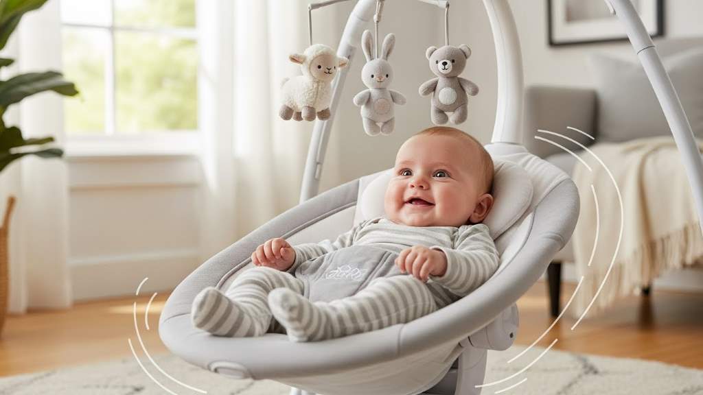 Smiling infant relaxing in portable baby swing with gentle motion features