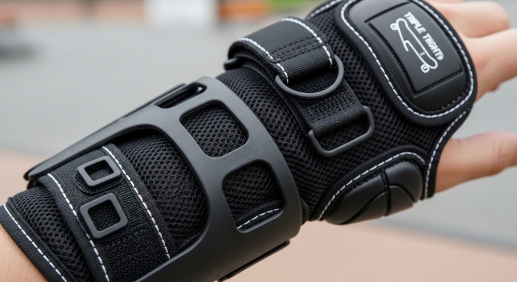 Close-up view of skateboarding wrist guard showing splint design, padding, and adjustable velcro strap system