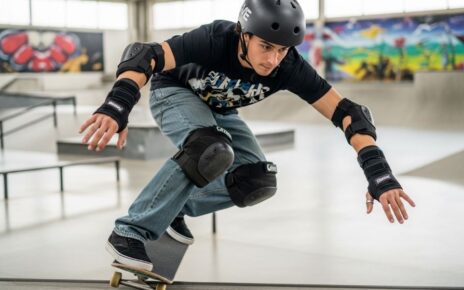 Skateboarder wearing protective wrist guards demonstrating proper fit and positioning for injury prevention