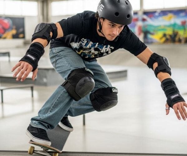 Skateboarder wearing protective wrist guards demonstrating proper fit and positioning for injury prevention