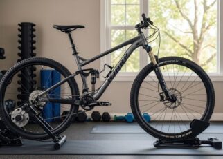 Mountain bike mounted on indoor trainer stand in home gym with resistance unit engaged and front wheel stabilized