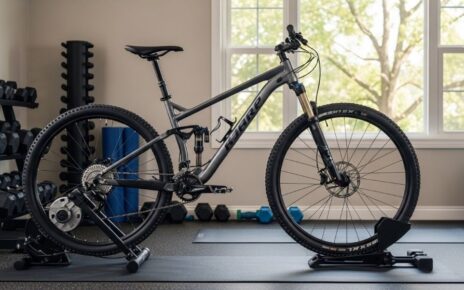 Mountain bike mounted on indoor trainer stand in home gym with resistance unit engaged and front wheel stabilized
