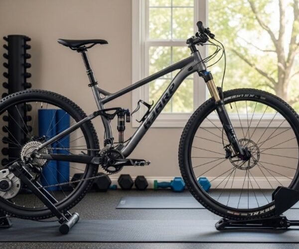 Mountain bike mounted on indoor trainer stand in home gym with resistance unit engaged and front wheel stabilized