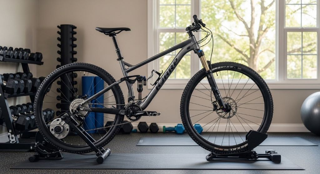 Mountain bike mounted on indoor trainer stand in home gym with resistance unit engaged and front wheel stabilized