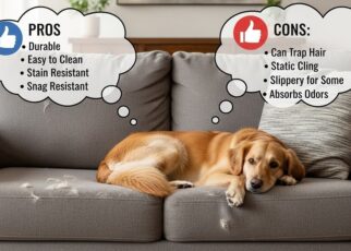 Dog resting on gray microfiber couch in living room
