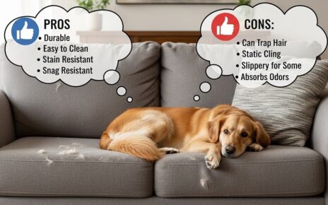 Dog resting on gray microfiber couch in living room