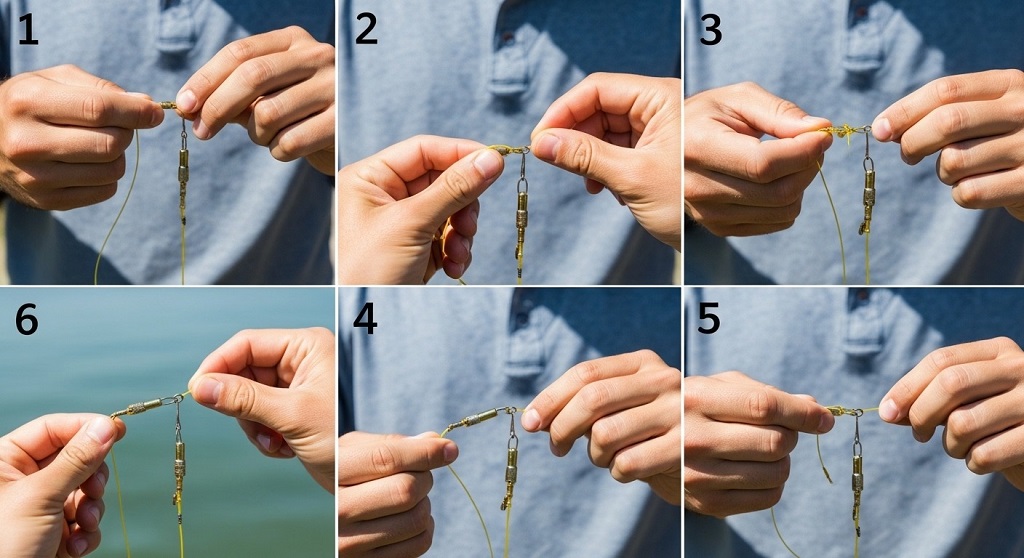 Close-up demonstration of Palomar knot being tied to attach circle hook to fluorocarbon leader for surf fishing rig