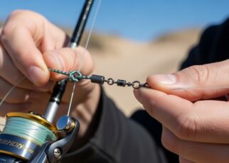 Complete surf fishing rig setup showing pyramid sinker, barrel swivels, circle hooks, and leader line properly assembled on sandy beach