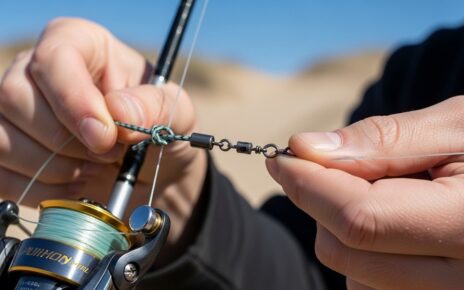 Complete surf fishing rig setup showing pyramid sinker, barrel swivels, circle hooks, and leader line properly assembled on sandy beach