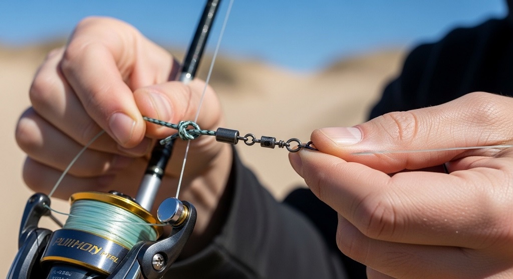 Complete surf fishing rig setup showing pyramid sinker, barrel swivels, circle hooks, and leader line properly assembled on sandy beach