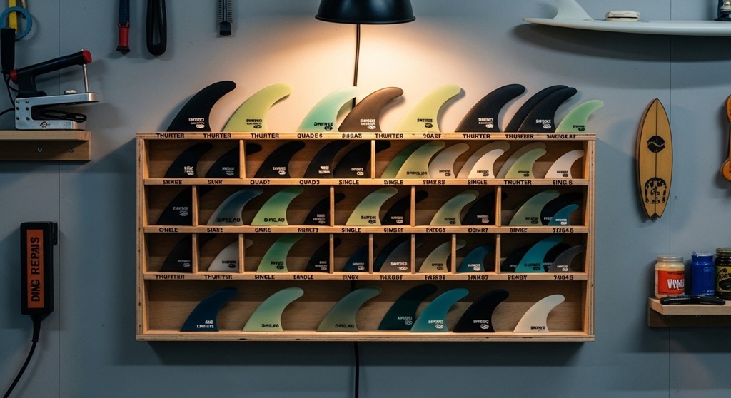 surf accessories bag with surfboard fins and tools