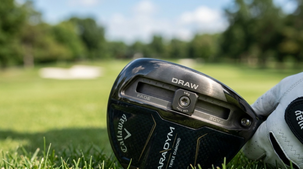 Close-up of adjustable weights on a Callaway driver head set to the draw position.