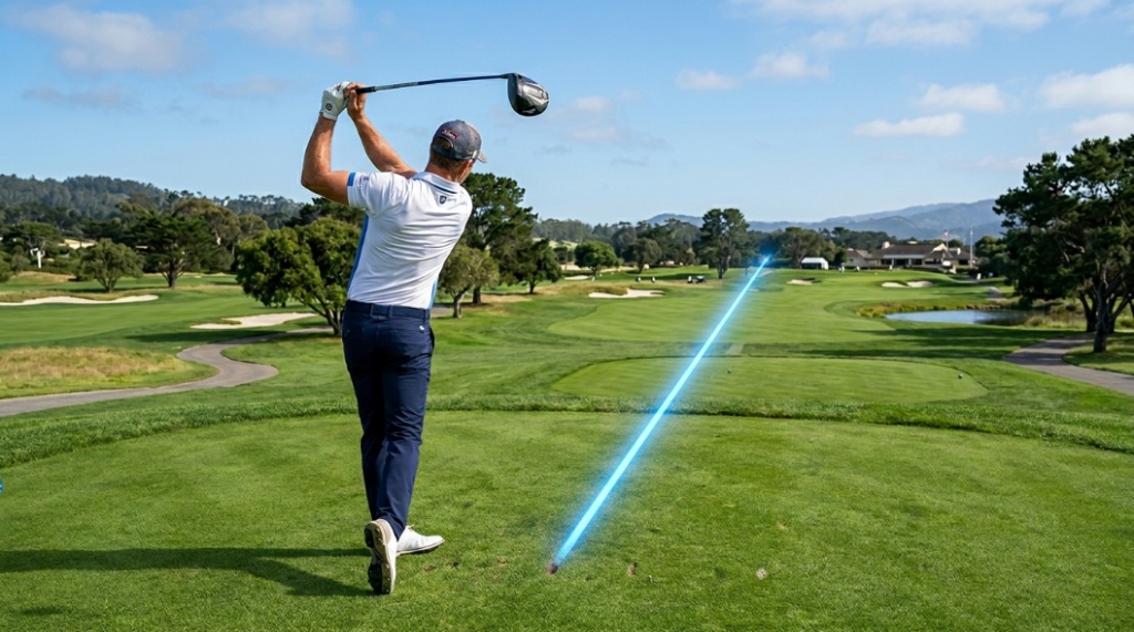 A golfer completing a swing with a straight ball flight path on a sunny fairway.